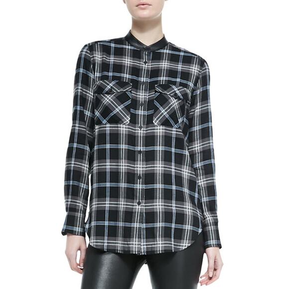 Vince Leather Trim Plaid Button Down Shirt Mandarin Collar Black Blue Womens 4 - Picture 8 of 8